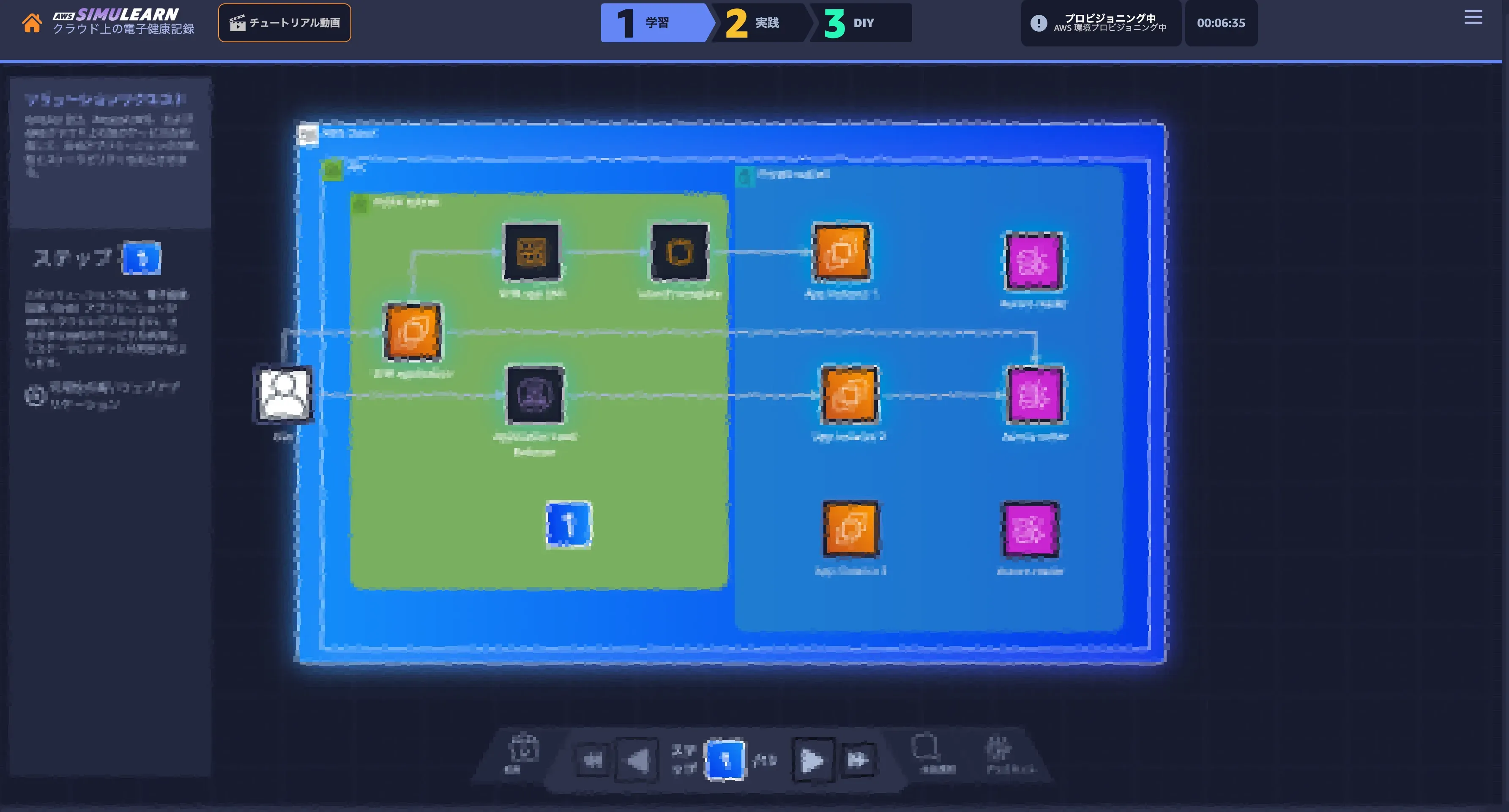 SimuLearnの学習パート。ALBとEC2、Auroraで構成された可用性の高いWebアプリケーションの構成図が、ステップ形式で解説されている
